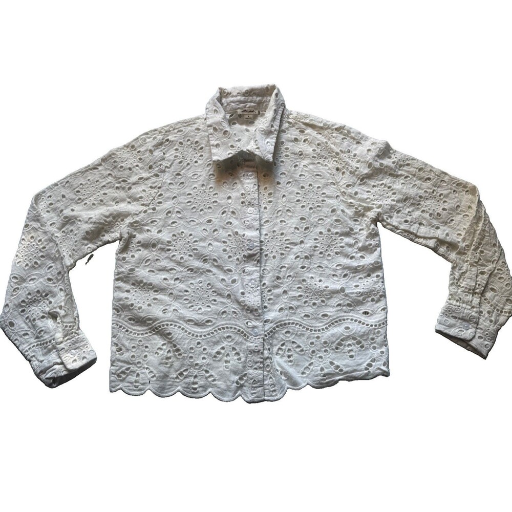 Ultra Pink White Eyelet Lace Blouse M CottageCore collared Button up 100% cotton